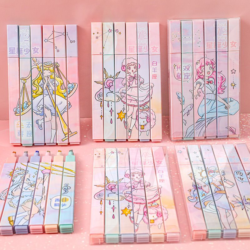 ปากกาเน้นข้อความกลุ่มดาว 6 ชิ้น สีพาสเทล น่ารัก