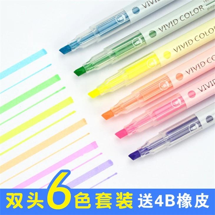 ปากกาเน้นข้อความแบบปลายคู่ 6 ชิ้น